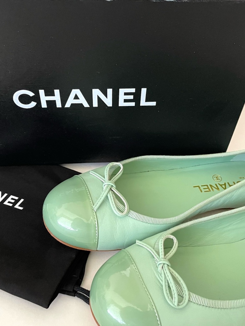 CHANEL Mint Green Leather Ballet Flats with Patent Cap Toe